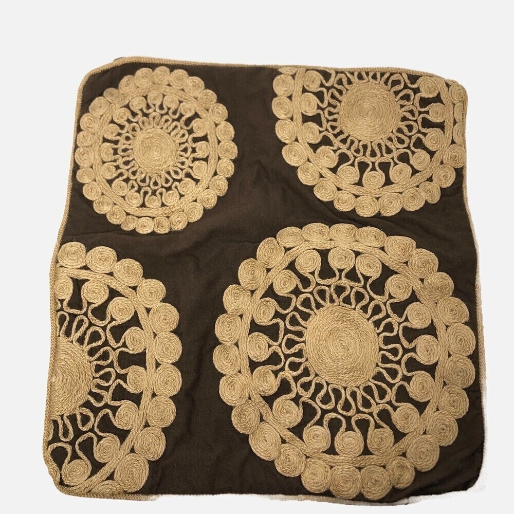Pier 1 Pillow Case Throw Boho Brown Tan Embroidered 16" x 18" Home Decor Accent